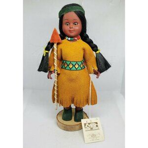 Indien Art Eskimo Doll Moving Eyelids Real Wood Stand Authentic Clothing Vintage